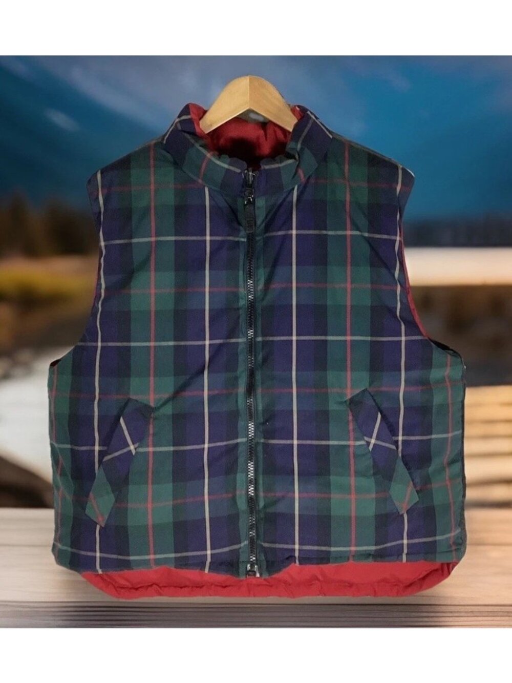 Eddie Bauer Reversible Red Puffer Flannel Green Outdoors Holiday Poly Cotton LRG